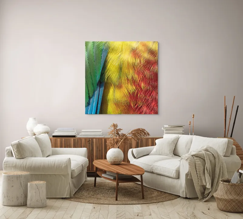 Tablou Canvas, "Armonia culorilor în penaj strălucitor", Pene, Colorate, Detaliate, Vibrante, Texturate, 100 x 100 cm – poza 3