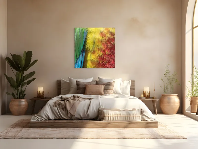 Tablou Canvas, "Armonia culorilor în penaj strălucitor", Pene, Colorate, Detaliate, Vibrante, Texturate, 100 x 100 cm – poza 4