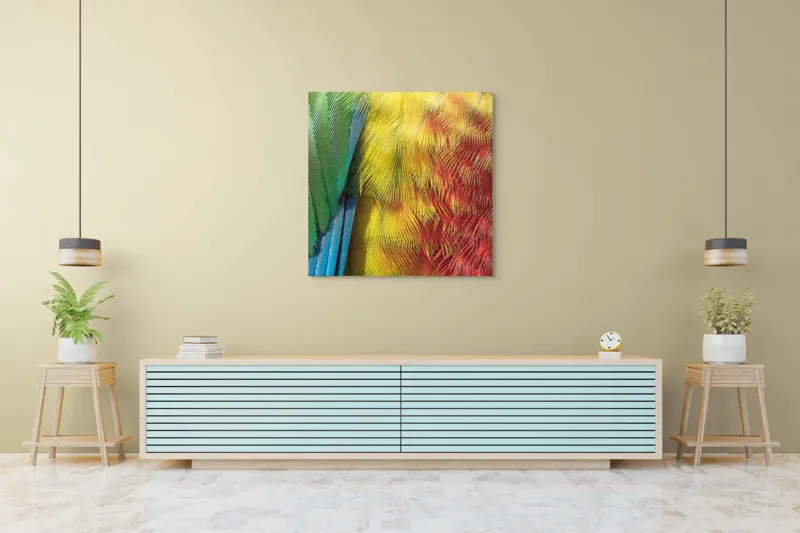 Tablou Canvas, "Armonia culorilor în penaj strălucitor", Pene, Colorate, Detaliate, Vibrante, Texturate, 100 x 100 cm – poza 5