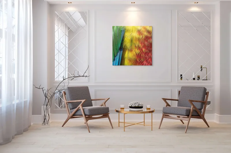 Tablou Canvas, "Armonia culorilor în penaj strălucitor", Pene, Colorate, Detaliate, Vibrante, Texturate, 100 x 100 cm – poza 7