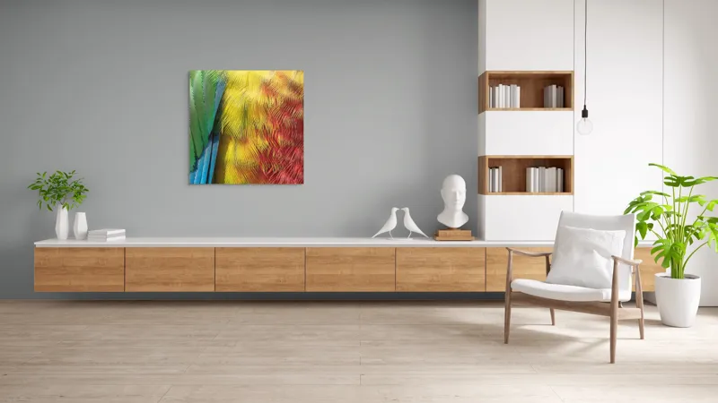 Tablou Canvas, "Armonia culorilor în penaj strălucitor", Pene, Colorate, Detaliate, Vibrante, Texturate, 100 x 100 cm – poza 8