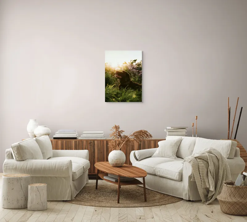Tablou Canvas, "Câine bucurându-se de apusul verii", Câine, Soare, Iarbă, Flori, Apus, Fericire, 50 x 70 cm – poza 4