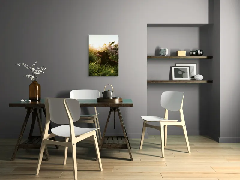 Tablou Canvas, "Câine bucurându-se de apusul verii", Câine, Soare, Iarbă, Flori, Apus, Fericire, 50 x 70 cm – poza 5