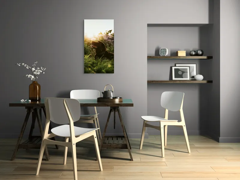 Tablou Canvas, "Câine bucurându-se de apusul verii", Câine, Soare, Iarbă, Flori, Apus, Fericire, 50 x 90 cm – poza 4