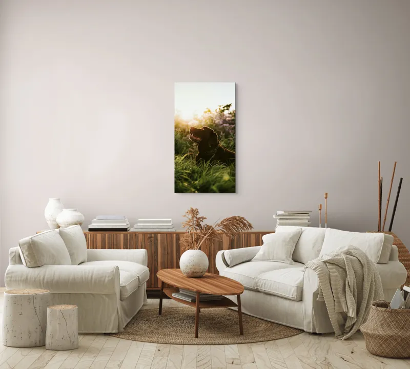 Tablou Canvas, "Câine bucurându-se de apusul verii", Câine, Soare, Iarbă, Flori, Apus, Fericire, 50 x 90 cm – poza 7