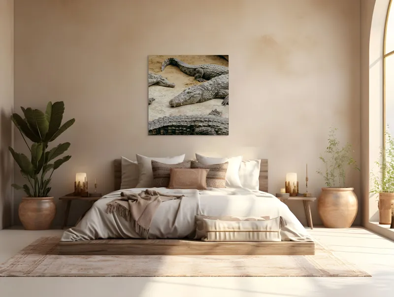 Tablou Canvas, "Crocodili odihnindu-se pe nisipul cald", Crocodili, Nisip, Trunchi, Piele, Cozi, Odihnă, Natură, 100 x 100 cm – poza 4