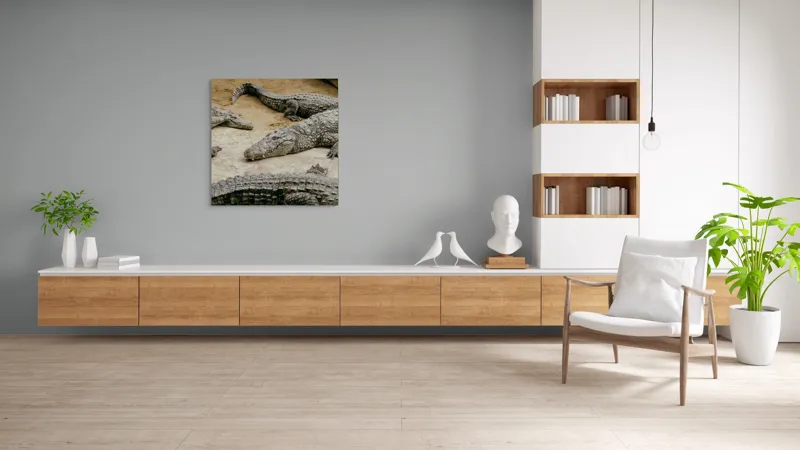Tablou Canvas, "Crocodili odihnindu-se pe nisipul cald", Crocodili, Nisip, Trunchi, Piele, Cozi, Odihnă, Natură, 100 x 100 cm – poza 8