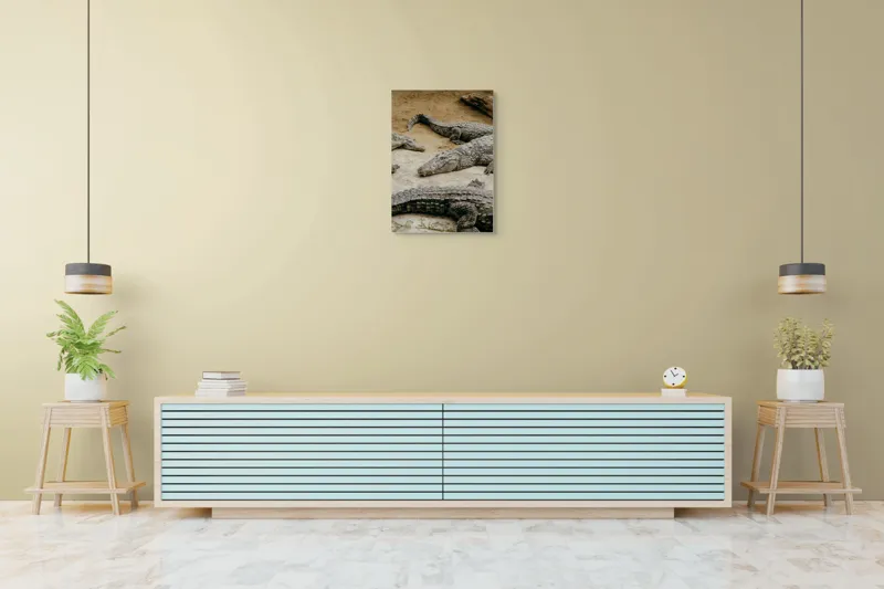 Tablou Canvas, "Crocodili odihnindu-se pe nisipul cald", Crocodili, Nisip, Trunchi, Piele, Cozi, Odihnă, Natură, 50 x 70 cm – poza 6