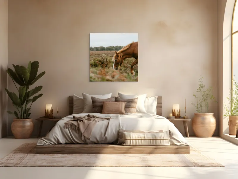 Tablou Canvas, "Calul în peisajul de toamnă liniștită", Cal, Pășune, Coadă, Natură, Cer Noros, 100 x 100 cm – poza 4