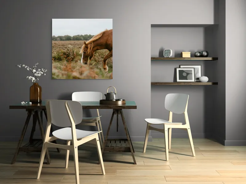 Tablou Canvas, "Calul în peisajul de toamnă liniștită", Cal, Pășune, Coadă, Natură, Cer Noros, 100 x 100 cm – poza 6