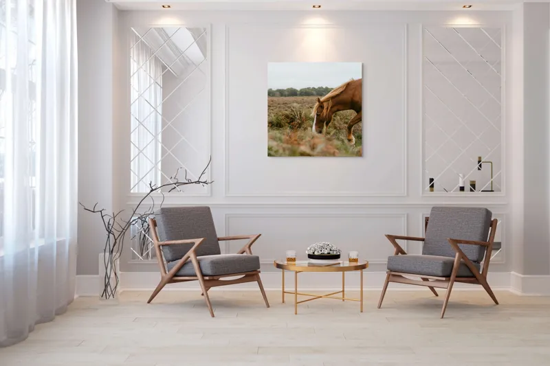 Tablou Canvas, "Calul în peisajul de toamnă liniștită", Cal, Pășune, Coadă, Natură, Cer Noros, 100 x 100 cm – poza 7