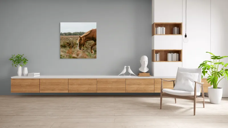 Tablou Canvas, "Calul în peisajul de toamnă liniștită", Cal, Pășune, Coadă, Natură, Cer Noros, 100 x 100 cm – poza 8