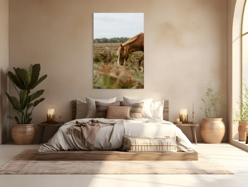 Tablou Canvas, "Calul în peisajul de toamnă liniștită", Cal, Pășune, Coadă, Natură, Cer Noros, 100 x 150 cm – poza 3