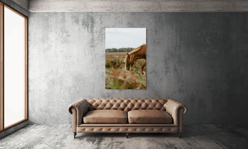 Tablou Canvas, "Calul în peisajul de toamnă liniștită", Cal, Pășune, Coadă, Natură, Cer Noros, 100 x 150 cm – poza 6