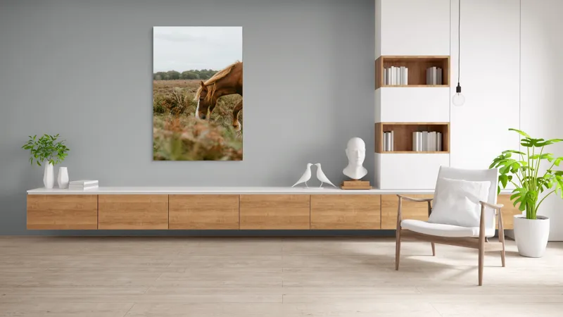 Tablou Canvas, "Calul în peisajul de toamnă liniștită", Cal, Pășune, Coadă, Natură, Cer Noros, 100 x 150 cm – poza 8