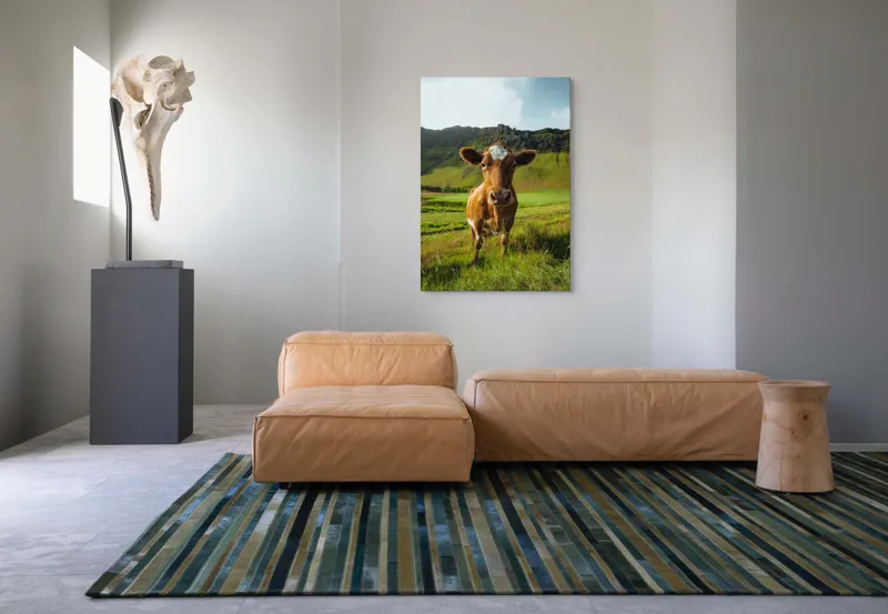 Tablou Canvas, "Vaca curioasă în peisaj montan verde", Vacă, Peisaj, Verdeață, Dealuri, Cer, Urechi, Blană, Ochi, Natură, Iarbă, 70 x 100 cm – poza 7