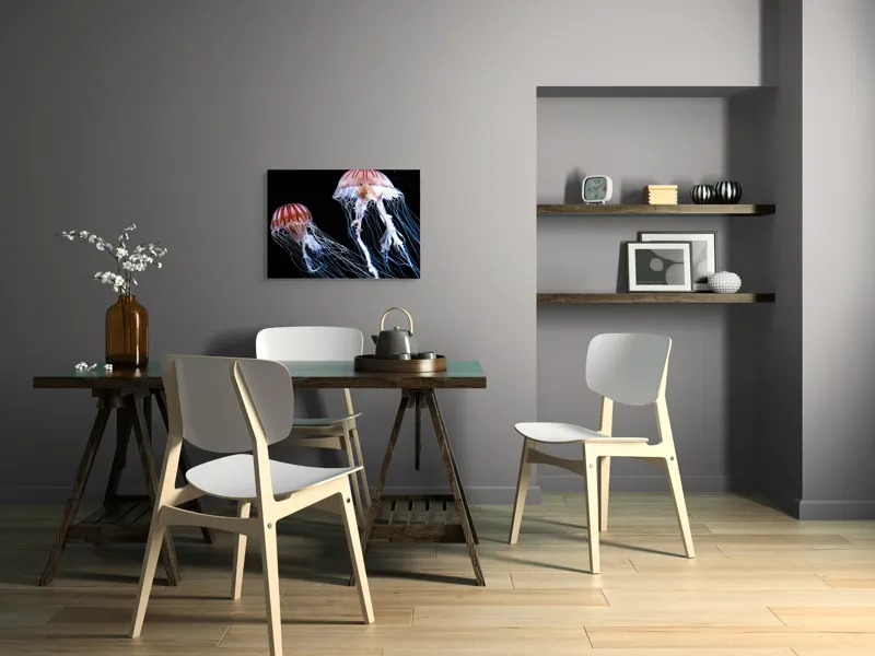 Tablou Canvas, "Dansul grațios al meduzelor în noapte", Luminișuri, Grație, Culoare, Ocean, Mister, Vals, Eleganță, Fragilitate, 70 x 50 cm – poza 5