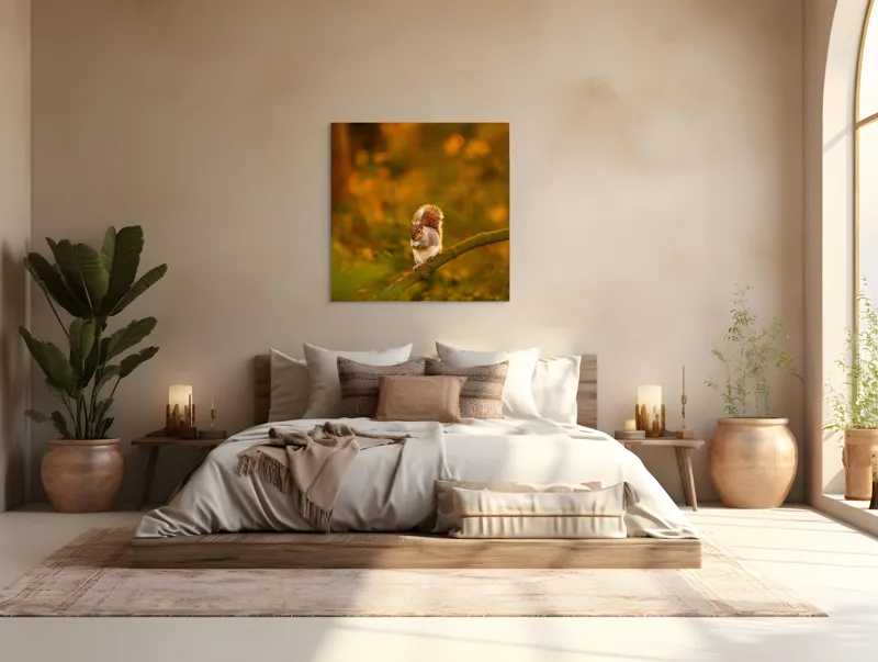 Tablou Canvas, "Veveriță pe creangă la apus", Veveriță, Ramură, Pădure, Apus, Căldură, Frunziș, Toamnă, Liniște, Blană, Auriu, 100 x 100 cm – poza 4