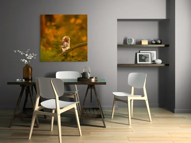Tablou Canvas, "Veveriță pe creangă la apus", Veveriță, Ramură, Pădure, Apus, Căldură, Frunziș, Toamnă, Liniște, Blană, Auriu, 100 x 100 cm – poza 6