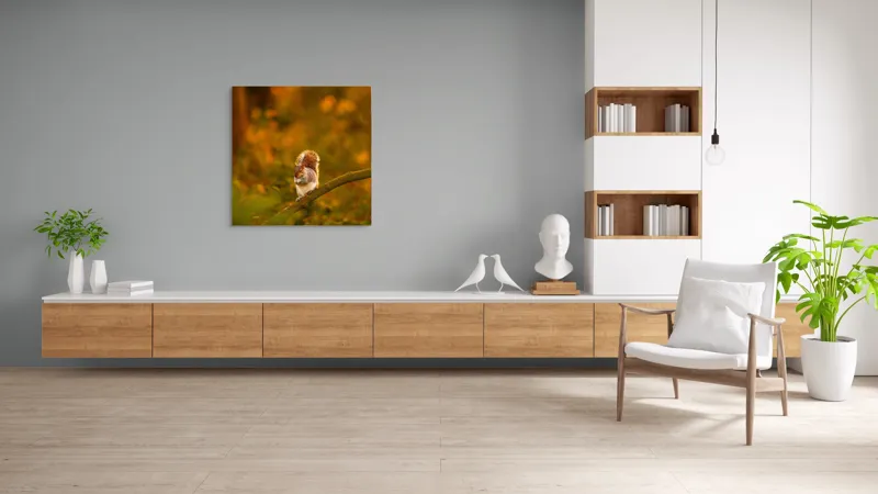 Tablou Canvas, "Veveriță pe creangă la apus", Veveriță, Ramură, Pădure, Apus, Căldură, Frunziș, Toamnă, Liniște, Blană, Auriu, 100 x 100 cm – poza 8