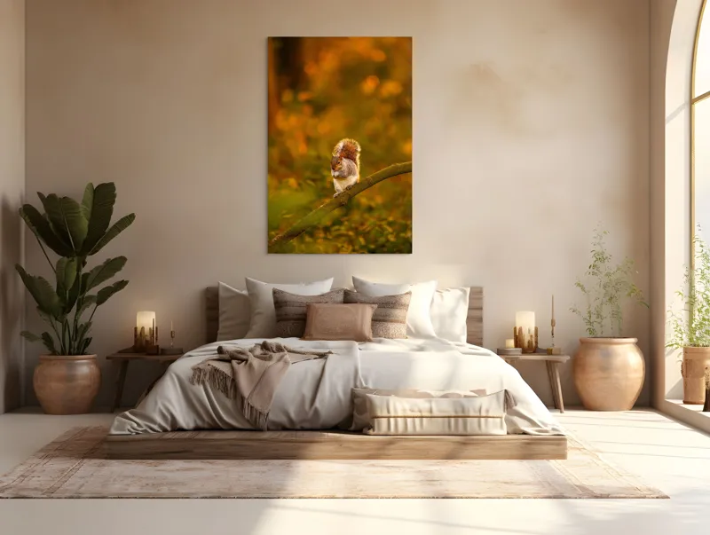 Tablou Canvas, "Veveriță pe creangă la apus", Veveriță, Ramură, Pădure, Apus, Căldură, Frunziș, Toamnă, Liniște, Blană, Auriu, 100 x 150 cm – poza 3
