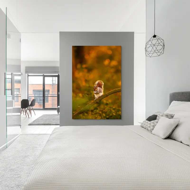 Tablou Canvas, "Veveriță pe creangă la apus", Veveriță, Ramură, Pădure, Apus, Căldură, Frunziș, Toamnă, Liniște, Blană, Auriu, 100 x 150 cm – poza 5