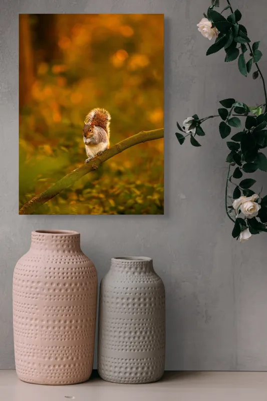Tablou Canvas, "Veveriță pe creangă la apus", Veveriță, Ramură, Pădure, Apus, Căldură, Frunziș, Toamnă, Liniște, Blană, Auriu, 39 x 54 cm – poza 6