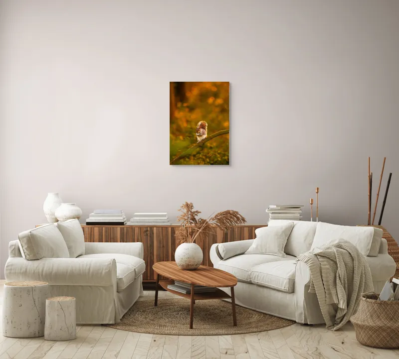 Tablou Canvas, "Veveriță pe creangă la apus", Veveriță, Ramură, Pădure, Apus, Căldură, Frunziș, Toamnă, Liniște, Blană, Auriu, 50 x 70 cm – poza 4