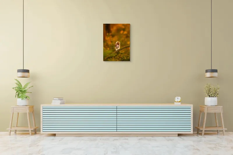 Tablou Canvas, "Veveriță pe creangă la apus", Veveriță, Ramură, Pădure, Apus, Căldură, Frunziș, Toamnă, Liniște, Blană, Auriu, 50 x 70 cm – poza 6