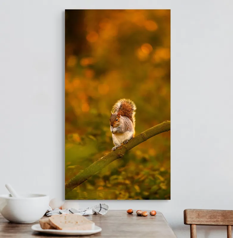 Tablou Canvas, "Veveriță pe creangă la apus", Veveriță, Ramură, Pădure, Apus, Căldură, Frunziș, Toamnă, Liniște, Blană, Auriu, 50 x 90 cm – poza 3