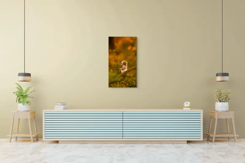 Tablou Canvas, "Veveriță pe creangă la apus", Veveriță, Ramură, Pădure, Apus, Căldură, Frunziș, Toamnă, Liniște, Blană, Auriu, 50 x 90 cm – poza 6