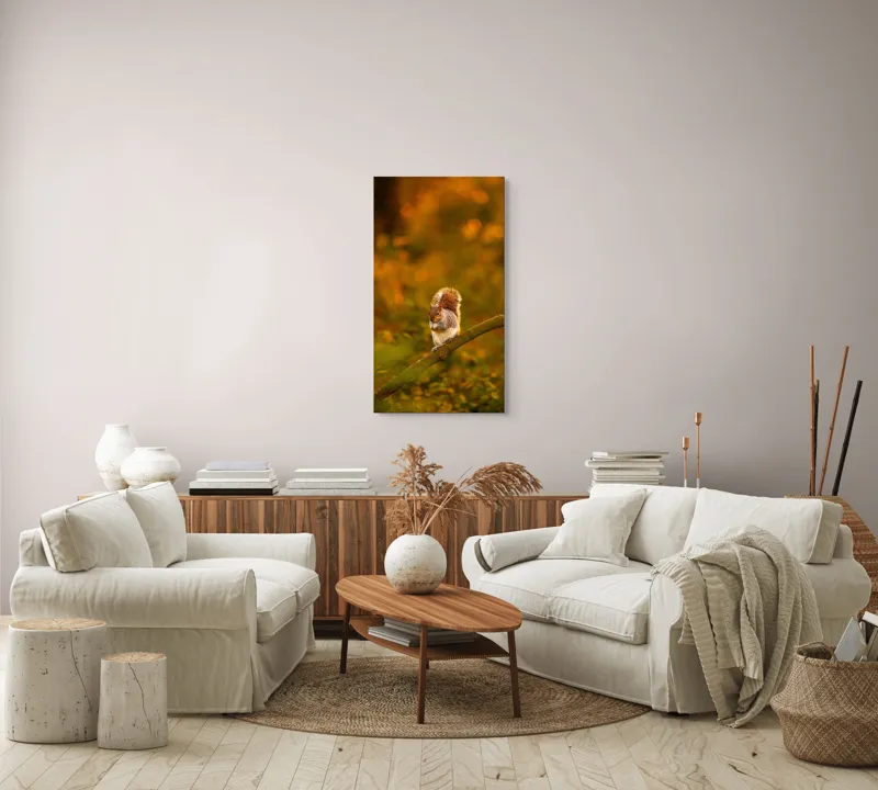Tablou Canvas, "Veveriță pe creangă la apus", Veveriță, Ramură, Pădure, Apus, Căldură, Frunziș, Toamnă, Liniște, Blană, Auriu, 50 x 90 cm – poza 7