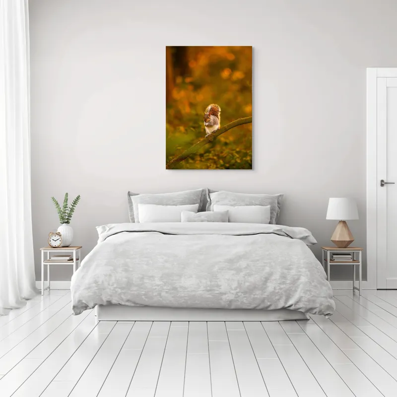 Tablou Canvas, "Veveriță pe creangă la apus", Veveriță, Ramură, Pădure, Apus, Căldură, Frunziș, Toamnă, Liniște, Blană, Auriu, 70 x 100 cm – poza 3