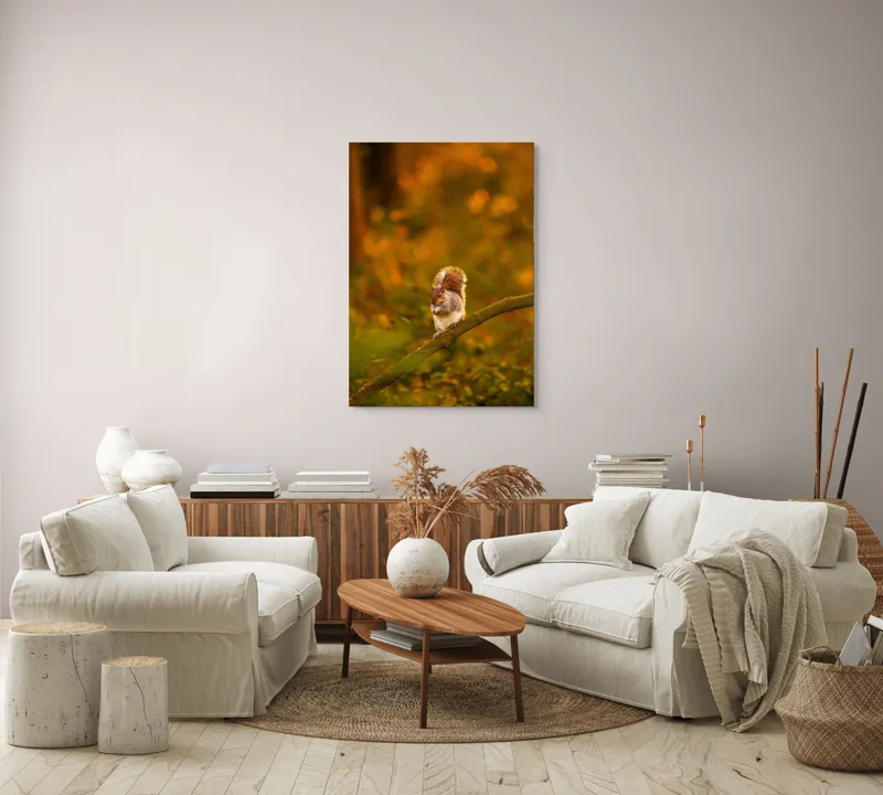 Tablou Canvas, "Veveriță pe creangă la apus", Veveriță, Ramură, Pădure, Apus, Căldură, Frunziș, Toamnă, Liniște, Blană, Auriu, 70 x 100 cm – poza 4