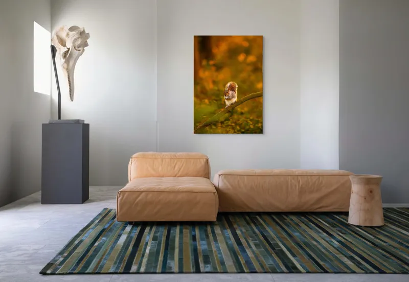Tablou Canvas, "Veveriță pe creangă la apus", Veveriță, Ramură, Pădure, Apus, Căldură, Frunziș, Toamnă, Liniște, Blană, Auriu, 70 x 100 cm – poza 7