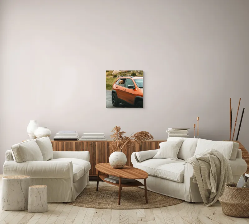 Tablou Canvas, "Câinele călător în mașina portocalie", Câine, Mașină, Portocalie, Geam, Natură, Pietre, Drum, Pădure, 50 x 50 cm – poza 7