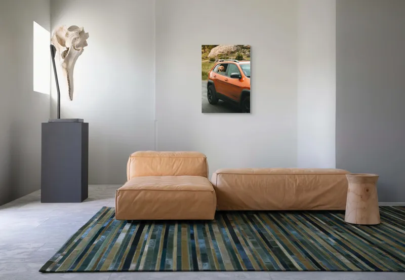 Tablou Canvas, "Câinele călător în mașina portocalie", Câine, Mașină, Portocalie, Geam, Natură, Pietre, Drum, Pădure, 50 x 70 cm – poza 7