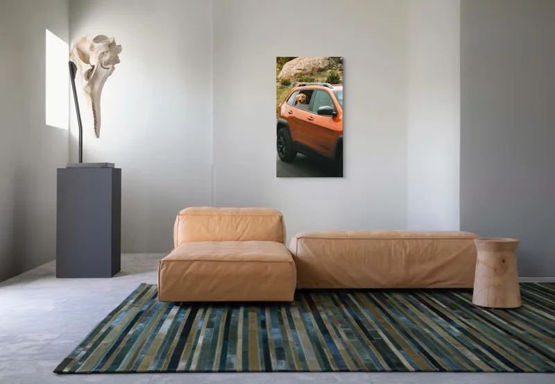 Tablou Canvas, "Câinele călător în mașina portocalie", Câine, Mașină, Portocalie, Geam, Natură, Pietre, Drum, Pădure, 50 x 90 cm – poza 5