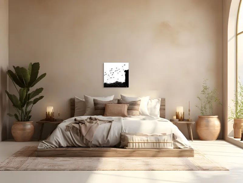 Tablou Canvas, "Zborul păsărilor peste acoperișuri vechi", Păsări, Zbor, Cer, Siluetă, Acoperiș, Contrast, Natură, Libertate, Frumusețe, Arhitectură, 50 x 50 cm – poza 5