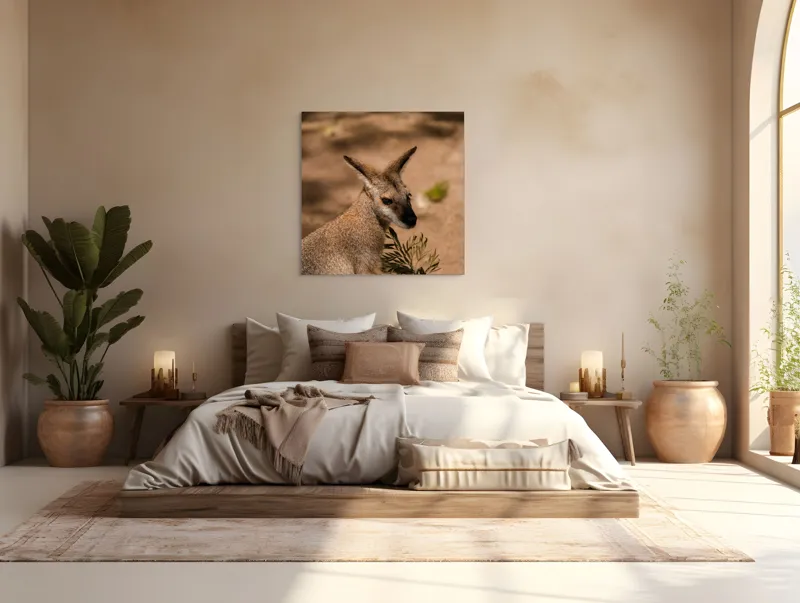 Tablou Canvas, Cangur, Frunze, Pământ, Urechi, Ochi, Blană, Soare, Umbră, 100 x 100 cm – poza 4