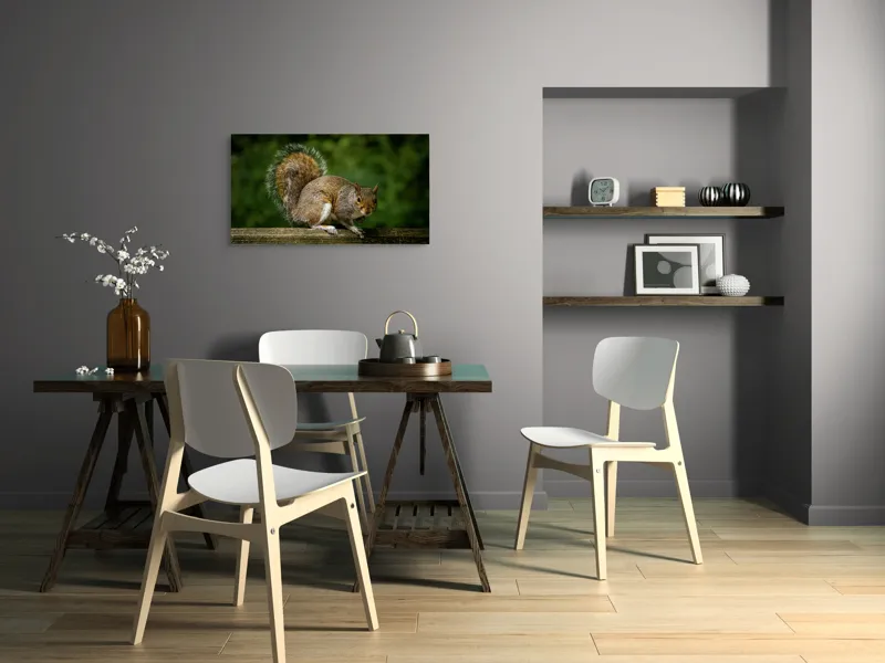 Tablou Canvas, "Veverița curajoasă pe gard verde", Arbust, Blană, Coadă, Lemn, Zburdalnicie, 90 x 50 cm – poza 3