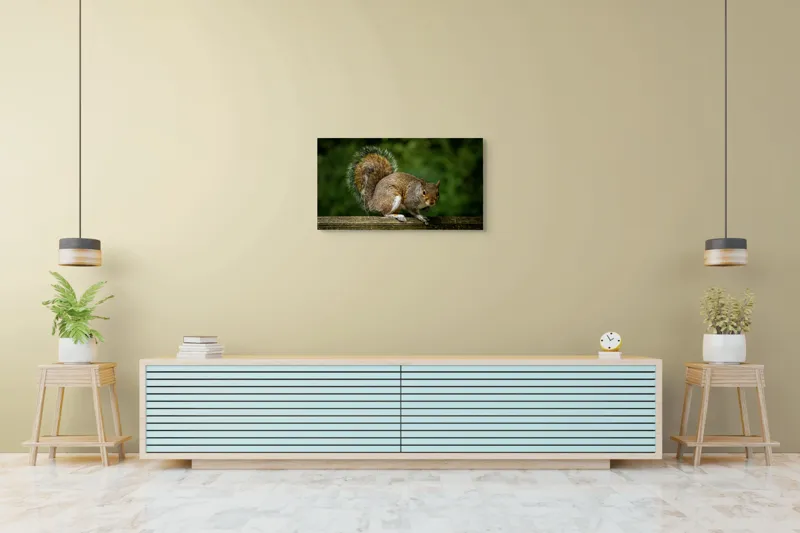 Tablou Canvas, "Veverița curajoasă pe gard verde", Arbust, Blană, Coadă, Lemn, Zburdalnicie, 90 x 50 cm – poza 5