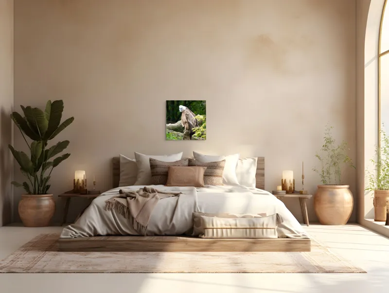 Tablou Canvas, "Pasăre prădătoare odihnindu-se pe trunchi", Pasăre, Vultur, Penaj, Cioc, Stâncă, Pene, Natură, Verdeață, Copaci, Privire., 50 x 50 cm – poza 5
