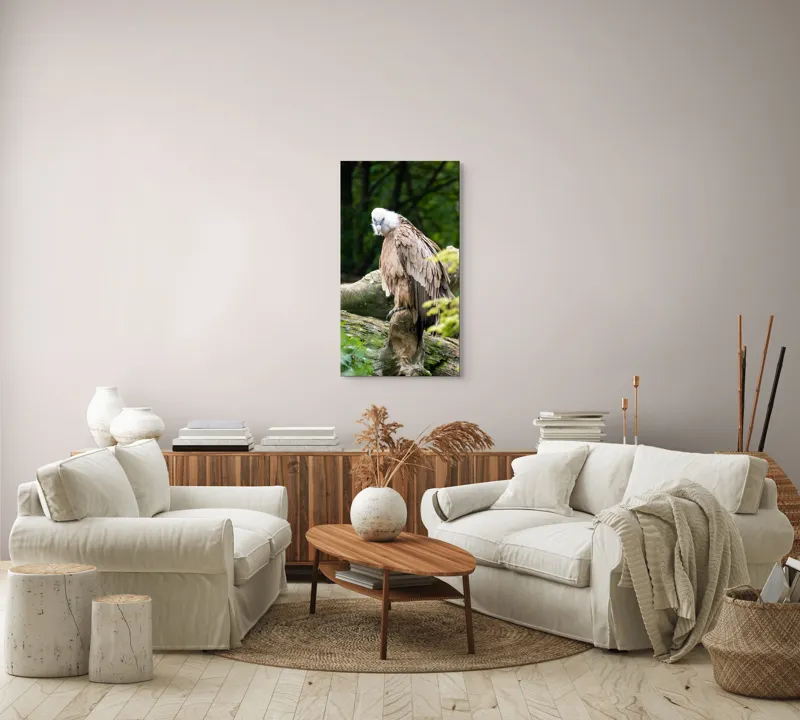Tablou Canvas, "Pasăre prădătoare odihnindu-se pe trunchi", Pasăre, Vultur, Penaj, Cioc, Stâncă, Pene, Natură, Verdeață, Copaci, Privire., 50 x 90 cm – poza 7