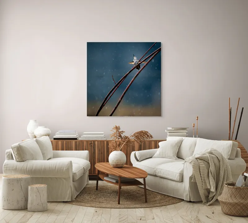 Tablou Canvas, "Stolul unei speranțe printre picături", Pasăre, Plante, Ploaie, Culoare, Mișcare, Cer, Fragilitate, Natură, 100 x 100 cm – poza 3