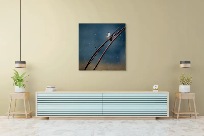 Tablou Canvas, "Stolul unei speranțe printre picături", Pasăre, Plante, Ploaie, Culoare, Mișcare, Cer, Fragilitate, Natură, 100 x 100 cm – poza 5