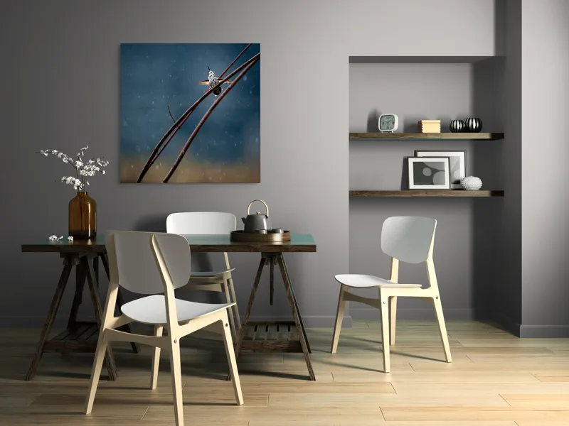Tablou Canvas, "Stolul unei speranțe printre picături", Pasăre, Plante, Ploaie, Culoare, Mișcare, Cer, Fragilitate, Natură, 100 x 100 cm – poza 6