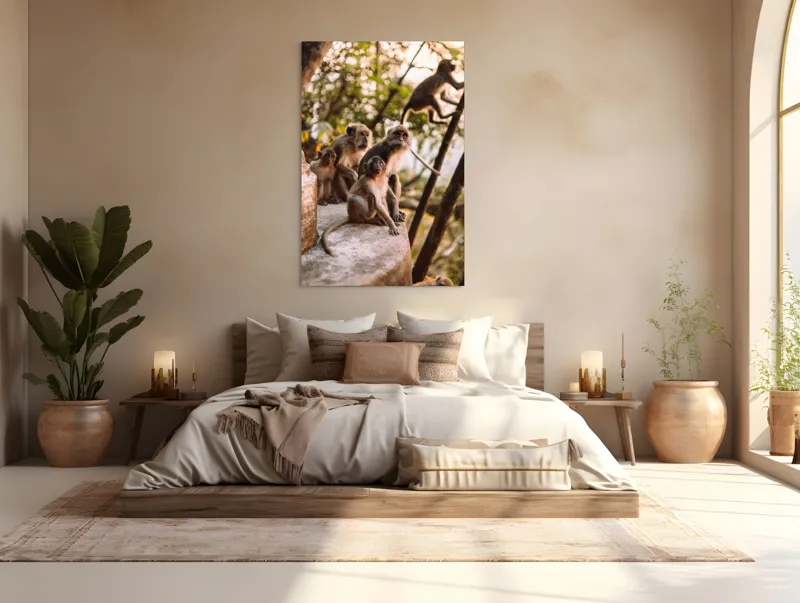 Tablou Canvas, "Maimuțe în lumina apusului liniștit", Maimuțe, Copaci, Apus, Familie, Trunchi, Urcare, Blană, Privește., 100 x 150 cm – poza 3
