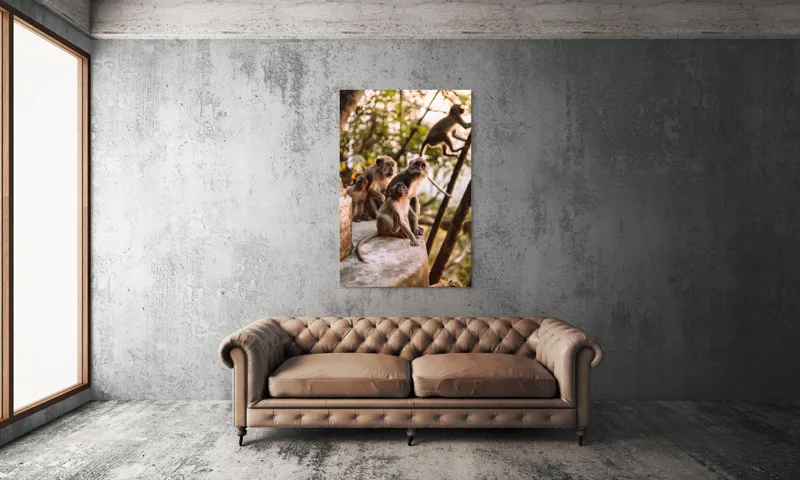 Tablou Canvas, "Maimuțe în lumina apusului liniștit", Maimuțe, Copaci, Apus, Familie, Trunchi, Urcare, Blană, Privește., 100 x 150 cm – poza 6