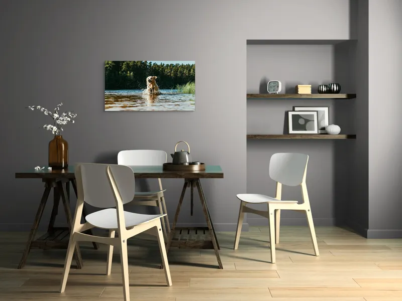 Tablou Canvas, "Aventura unui câine în apă", Câine, Apă, Stropi, Pădure, Soare, Entuziasm, Libertate, Natură, Râu, Cățel, 90 x 50 cm – poza 3